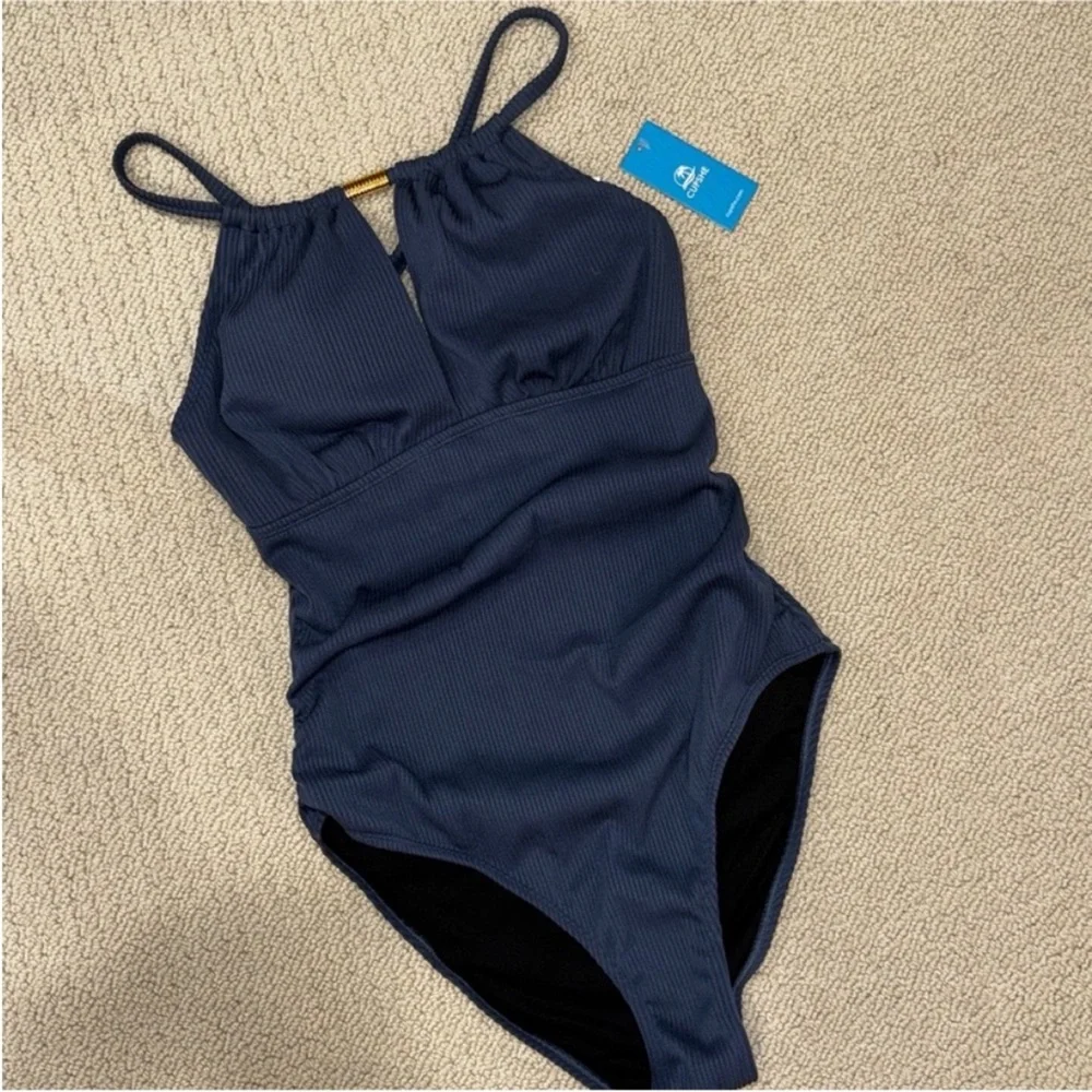 New! Cupshe Blue Ribbed Tummy Control Standard One-Piece - Picture 6 of 11